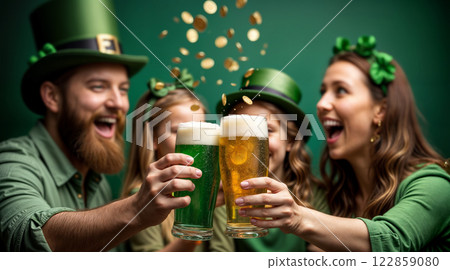 St Patrick's Day Celebration with Green Beer Toast and Falling Golden Coins Joy St Patrick's Day Celebration with Green Beer Toast and Falling Golden Coins Joy 122859080