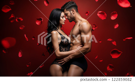 Passionate Romantic Couple Embracing Against Deep Red Background with Rose Petals 122859082