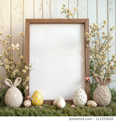 Spring Easter Frame Mockup with Decorative Eggs and Delicate Yellow Wildflowers Spring Easter Frame Mockup with Decorative Eggs and Delicate Yellow Wildflowers 122859088