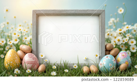 Rustic Easter Frame with Decorated Eggs and Wild Daisies in Spring Meadow Setting Rustic Easter Frame with Decorated Eggs and Wild Daisies in Spring Meadow Setting 122859089