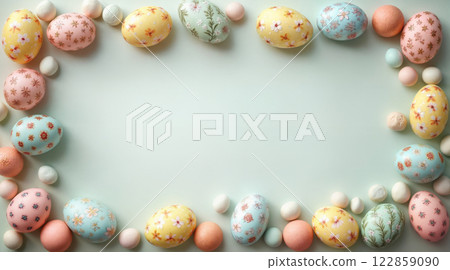 Delicate Easter Eggs Arranged in Pastel Border Frame with Floral Pattern Details Delicate Easter Eggs Arranged in Pastel Border Frame with Floral Pattern Details 122859090