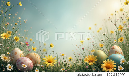 Easter Garden Serenity with Delicate Painted Eggs Among Yellow Daisies at Dawn Easter Garden Serenity with Delicate Painted Eggs Among Yellow Daisies at Dawn 122859091