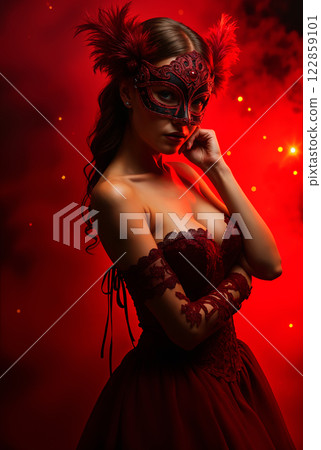 Elegant Woman in Red Masquerade Mask 122859101