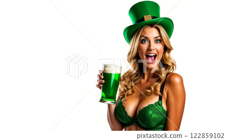A woman in festive St. Patrick's Day attire, including a green hat and lingerie, holds a glass of green beer A woman in festive St. Patrick's Day attire, including a green hat and lingerie, holds a glass of green beer 122859102