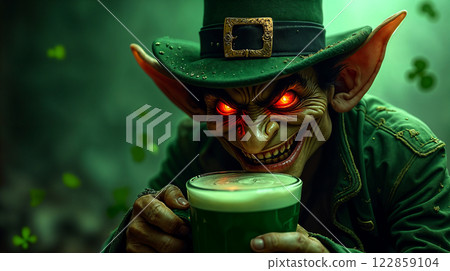 Mischievous Leprechaun with Glowing Eyes Sips Green Brew 122859104
