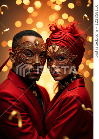 Masquerade Couple in Elegant Venetian Masks and Stylish Red Satin Ensemble Masquerade Couple in Elegant Venetian Masks and Stylish Red Satin Ensemble 122859110