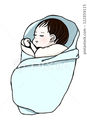 Baby sleeping wrapped in a swaddling cloth, light blue 122859115