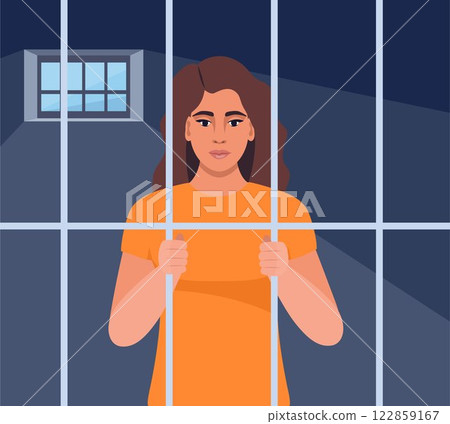 Prisoner woman in orange suit behind bars of a prison cell. Punishment system for crime and law breaking. Vector illustration. Prisoner woman in orange suit behind bars of a prison cell. Punishment system for crime and law breaking. Vector illustration. 122859167