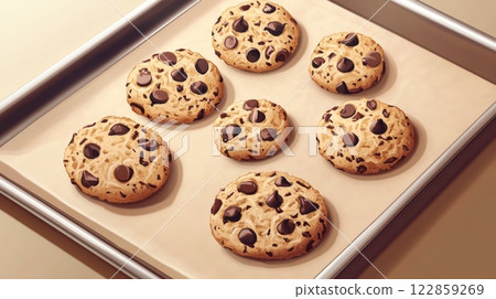 Freshly Baked Chocolate Chip Cookies on Baking Tray Freshly Baked Chocolate Chip Cookies on Baking Tray 122859269