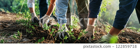 Dedicated Gardeners Cultivating Organic Vegetables in Community Garden 122859718