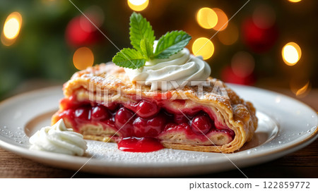 Festive Cherry Strudel Pastry Garnished with Fresh Mint and Whipped Cream Swirls 122859772
