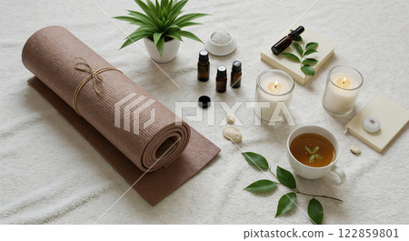 Wellness Sanctuary Setup with Yoga Mat Essential Oils and Mindful Tea Relaxation 122859801
