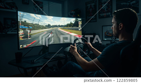 Professional Racing Simulator Setup with Curved Display in Dark Gaming Room 122859805