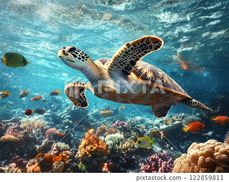 Vibrant Underwater Scene with Sea Turtle and Coral Reef Ecosystem 122859811