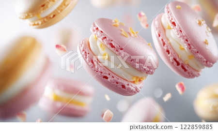 Colorful Macarons with Cream Filling on a Light Background 122859885