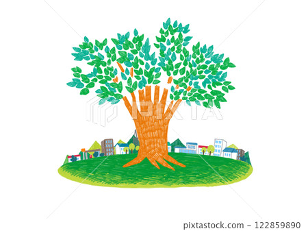 A large tree growing in a square drawn with colored pencils A large tree growing in a square drawn with colored pencils 122859890