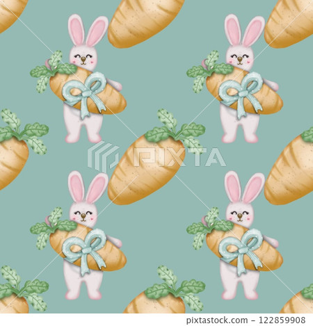 Seamless pattern on the theme of Easter, spring. cute Easter bunny and  with flowers. Easter Eggs, pastel colors design hand drawn. 122859908