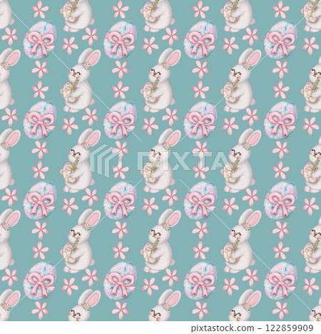 Seamless pattern on the theme of Easter, spring. cute Easter bunny and  with flowers. Easter Eggs, pastel colors design hand drawn. 122859909