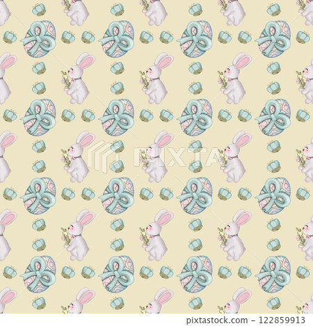 Seamless pattern on the theme of Easter, spring. cute Easter bunny and  with flowers. Easter Eggs, pastel colors design hand drawn. 122859913