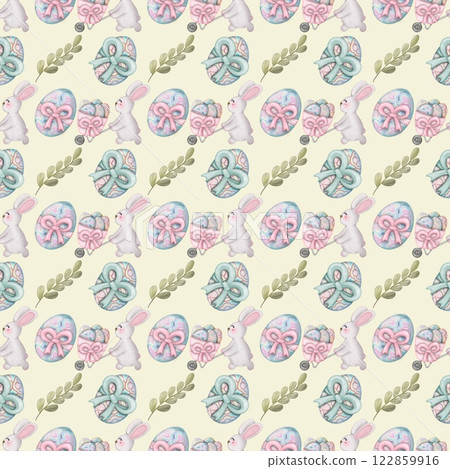 Seamless pattern on the theme of Easter, spring. cute Easter bunny and  with flowers. Easter Eggs, pastel colors design hand drawn. 122859916