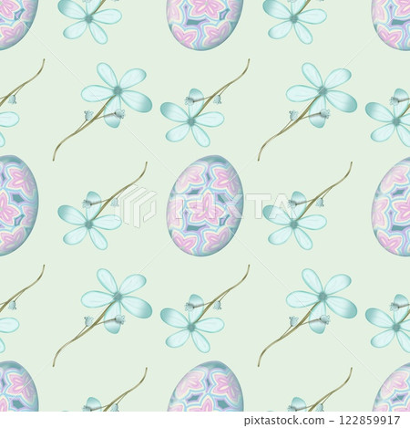 Seamless pattern on the theme of Easter, spring. cute Easter bunny and with flowers. Easter Eggs, pastel colors design hand drawn. Seamless pattern on the theme of Easter, spring. cute Easter bunny and with flowers. Easter Eggs, pastel colors design hand drawn. 122859917
