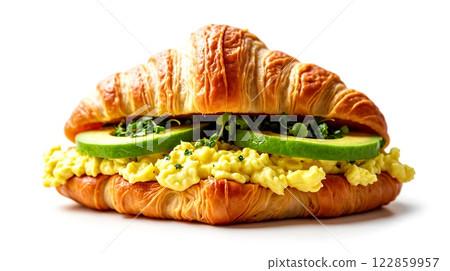 Croissant Sandwich with Scrambled Eggs and Avocado 122859957