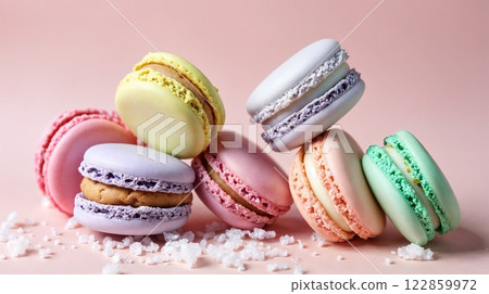 Colorful Macarons on Pink Background 122859972