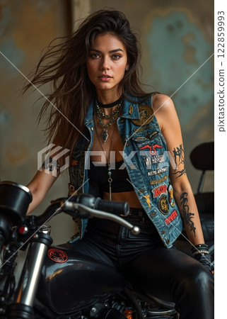 Rebellious Woman on Motorcycle in Denim Vest 122859993