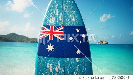 Surfboard with Australian Flag on Beach 122860036