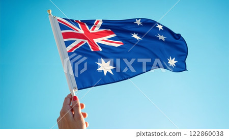 Hand Holding Australian Flag Against Clear Sky 122860038