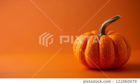 Halloween pumpkin autumn illustration with orange banner copy space background, october holiday decoration celebration with party poster design bat evil, spooky cute fear symbol cute happy face text 122860079