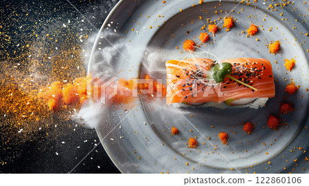 Luxury salmon sushi roll nigiri seafood freshness fish gourmet japanese food decorated in plate in fine dining course restaurant, healthy eating meal japanese culture healthy lifestyle food and drink Luxury salmon sushi roll nigiri seafood freshness fish gourmet japanese food decorated in plate in fine dining course restaurant, healthy eating meal japanese culture healthy lifestyle food and drink 122860106