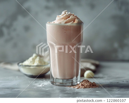 Chocolate organic almond high energy whey protein powder shake milkshake drink in glasses, healthy lifestyle refreshment vitamin nourishment breakfast food fitness power wellness bodybuilding workout 122860107