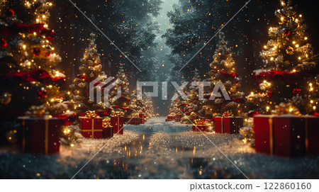Christmas tree forest nature decoration gift box present lights ornament ball with snow winter season holiday december celebration, pine tree star night glowing sky background, happy new year festive 122860160