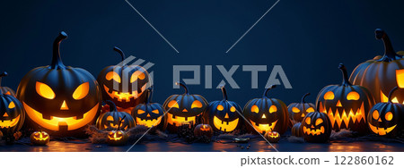 Multiple horror halloween evil night orange pumpkin lantern, candle on october celebration, glowing creepy face spooky jack o lantern decoration on dark background copyspace, fear ghost haunting 122860162