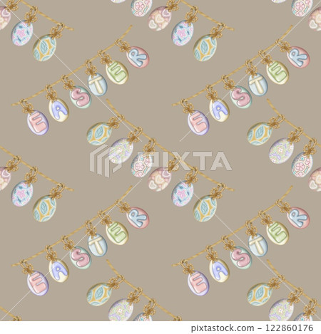 Seamless pattern on the theme of Easter, spring. cute Easter bunny and  with flowers. Easter Eggs, pastel colors design hand drawn. 122860176