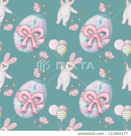 Seamless pattern on the theme of Easter, spring. cute Easter bunny and  with flowers. Easter Eggs, pastel colors design hand drawn. 122860177