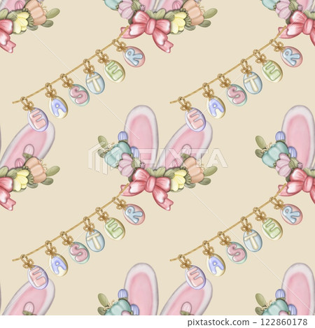 Seamless pattern on the theme of Easter, spring. cute Easter bunny and  with flowers. Easter Eggs, pastel colors design hand drawn. 122860178