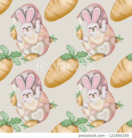 Seamless pattern on the theme of Easter, spring. cute Easter bunny and  with flowers. Easter Eggs, pastel colors design hand drawn. 122860180