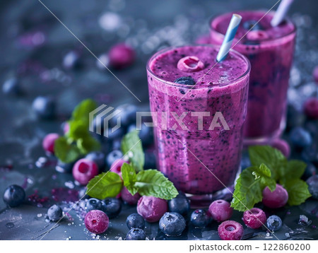Healthy organic food blueberry smoothies antioxidant glasses drink as breakfast freshness mixed berry fruit milkshake yogurt, homemade juicy summer healthy eating refreshment dieting detox vitamin 122860200