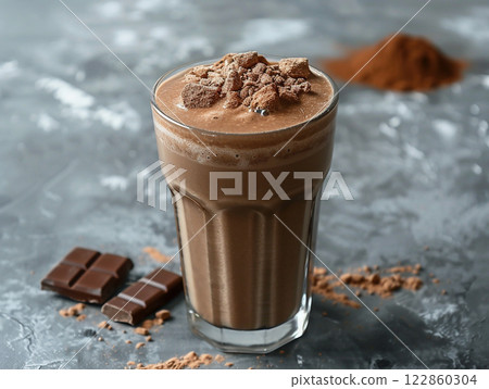 Chocolate organic almond high energy whey protein powder shake milkshake drink in glasses, healthy lifestyle refreshment vitamin nourishment breakfast food fitness power wellness bodybuilding workout 122860304