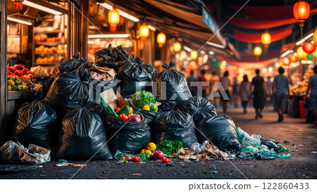 Food waste piling up in black garbage bags at a night market 122860433