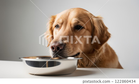 Golden retriever dog looking at empty bowl on white table 122860434