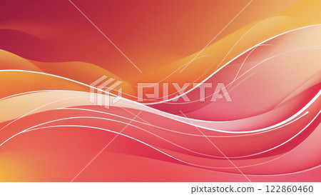 Fluid and dynamic abstract composition with flowing white lines over a warm gradient background featuring shades of red, orange, and yellow. 122860460
