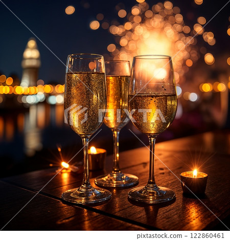 Champagne Glasses with Fireworks and Candlelight 122860461