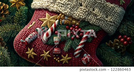 Decorated Christmas Stocking Filled with Candy 122860463