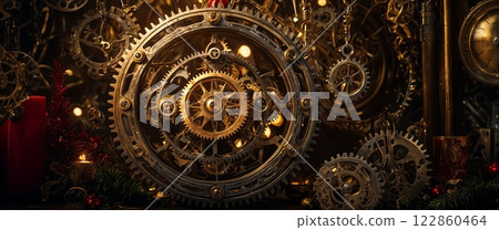 Close-up of golden clockwork gears in a steampunk-inspired design, illuminated by warm lighting with holiday accents and candles. 122860464