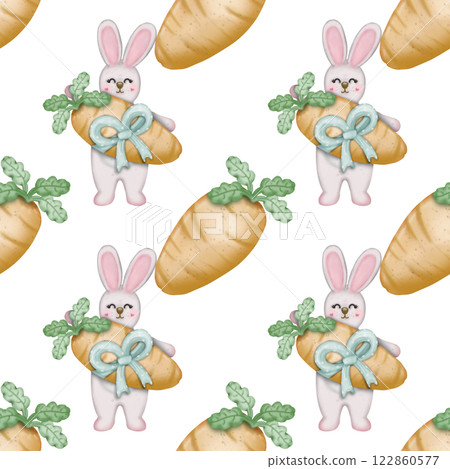 Seamless pattern on the theme of Easter, spring. cute Easter bunny and with flowers. Easter Eggs, pastel colors design hand drawn on transparent background. 122860577