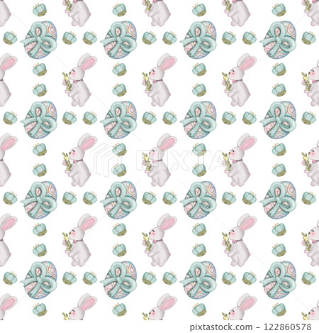Seamless pattern on the theme of Easter, spring. cute Easter bunny and with flowers. Easter Eggs, pastel colors design hand drawn on transparent background. 122860578