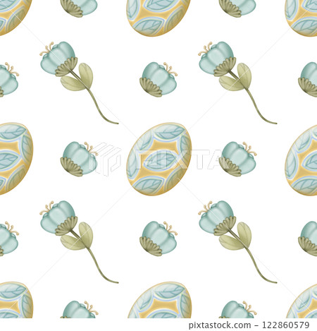 Seamless pattern on the theme of Easter, spring. cute Easter bunny and with flowers. Easter Eggs, pastel colors design hand drawn on transparent background. 122860579
